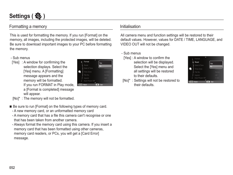 Settings ( ” ), Initialisation | Samsung EC-SL202UBP-US User Manual | Page 53 / 103