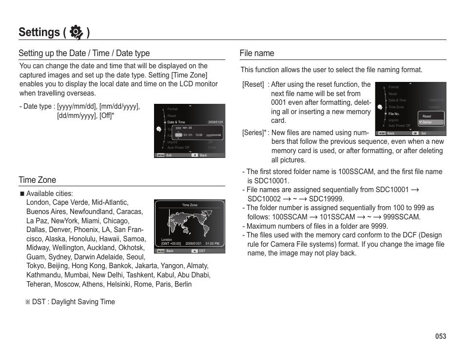 Settings ( ” ), File name, Setting up the date / time / date type | Time zone | Samsung EC-SL202UBP-US User Manual | Page 54 / 103