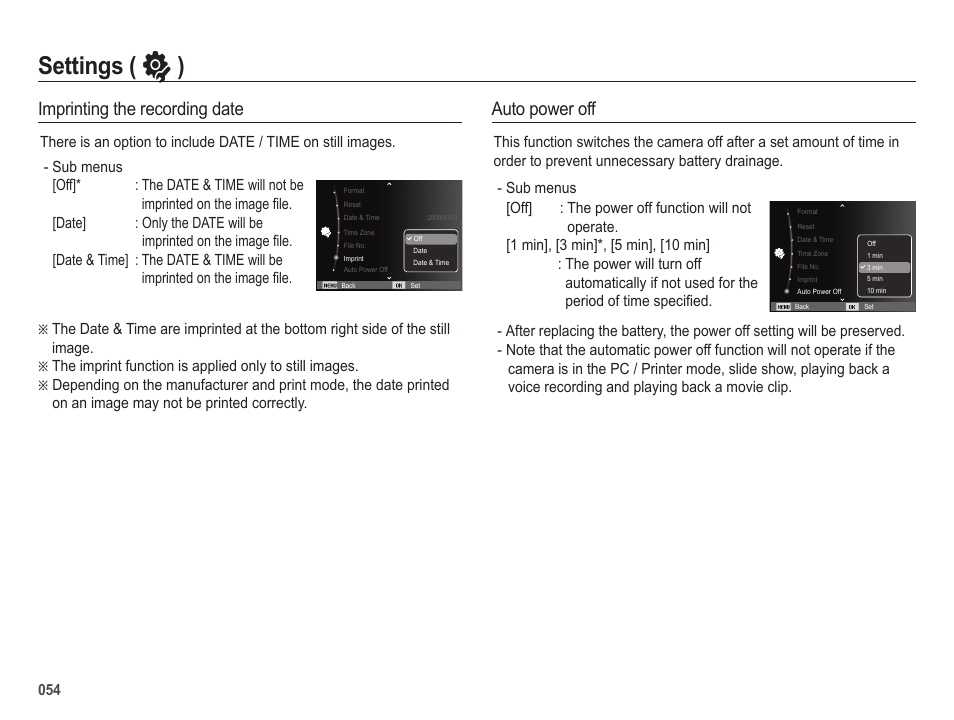 Settings ( ” ), Imprinting the recording date, Auto power off | Samsung EC-SL202UBP-US User Manual | Page 55 / 103