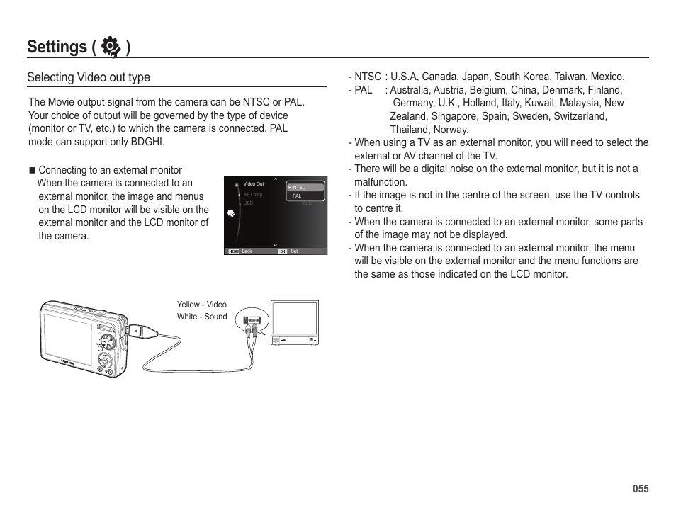 Settings ( ” ), Selecting video out type | Samsung EC-SL202UBP-US User Manual | Page 56 / 103