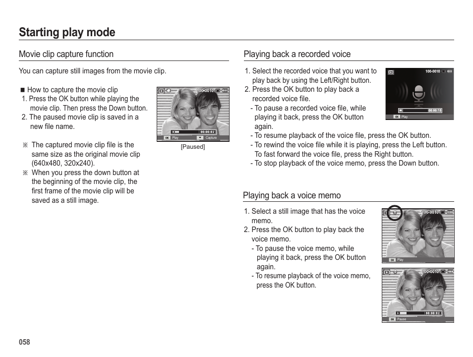 Starting play mode, Movie clip capture function, Playing back a recorded voice | Samsung EC-SL202UBP-US User Manual | Page 59 / 103