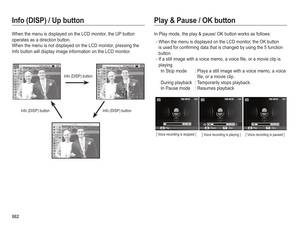 Play & pause / ok button, Info (disp) / up button | Samsung EC-SL202UBP-US User Manual | Page 63 / 103