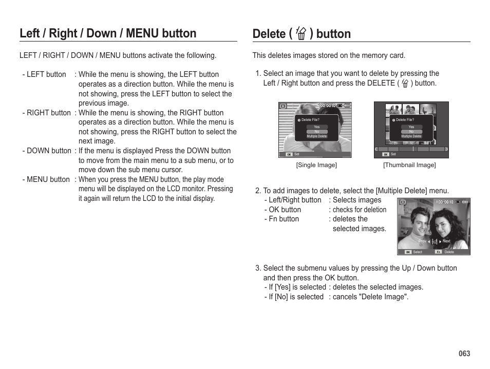 Delete ( õ ) button, Left / right / down / menu button | Samsung EC-SL202UBP-US User Manual | Page 64 / 103