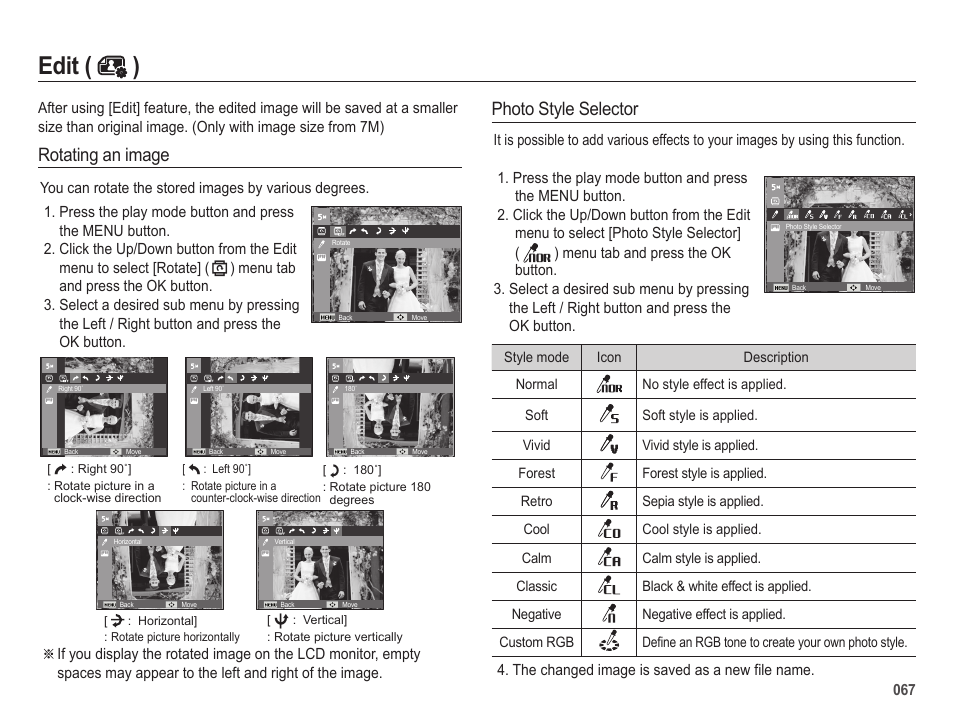 Edit ( ), Rotating an image photo style selector | Samsung EC-SL202UBP-US User Manual | Page 68 / 103