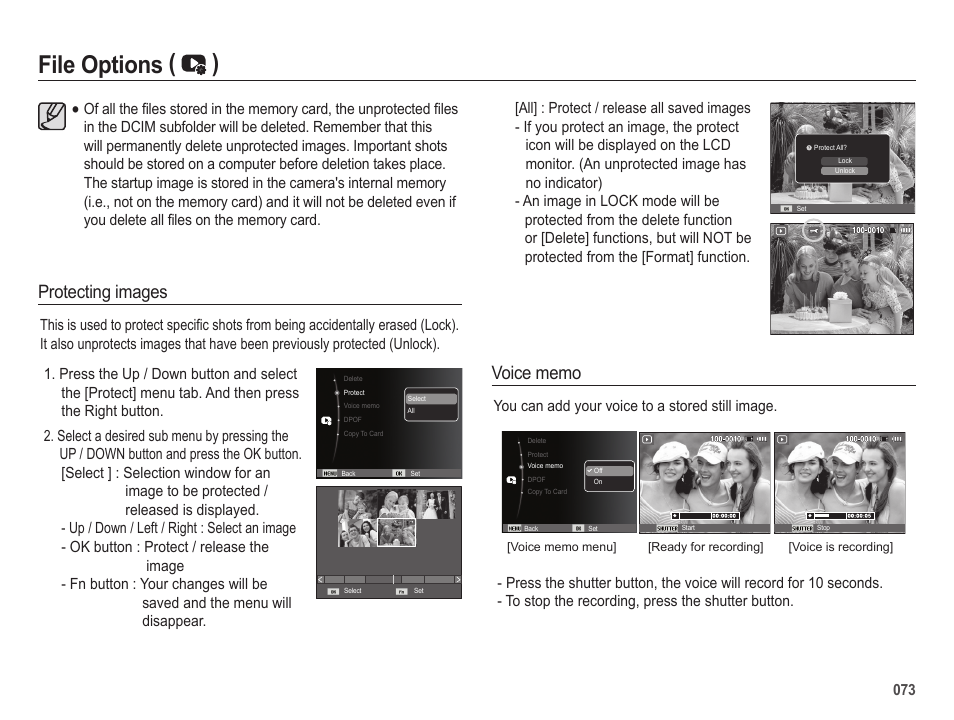 File options ( ), Protecting images, You can add your voice to a stored still image | Samsung EC-SL202UBP-US User Manual | Page 74 / 103