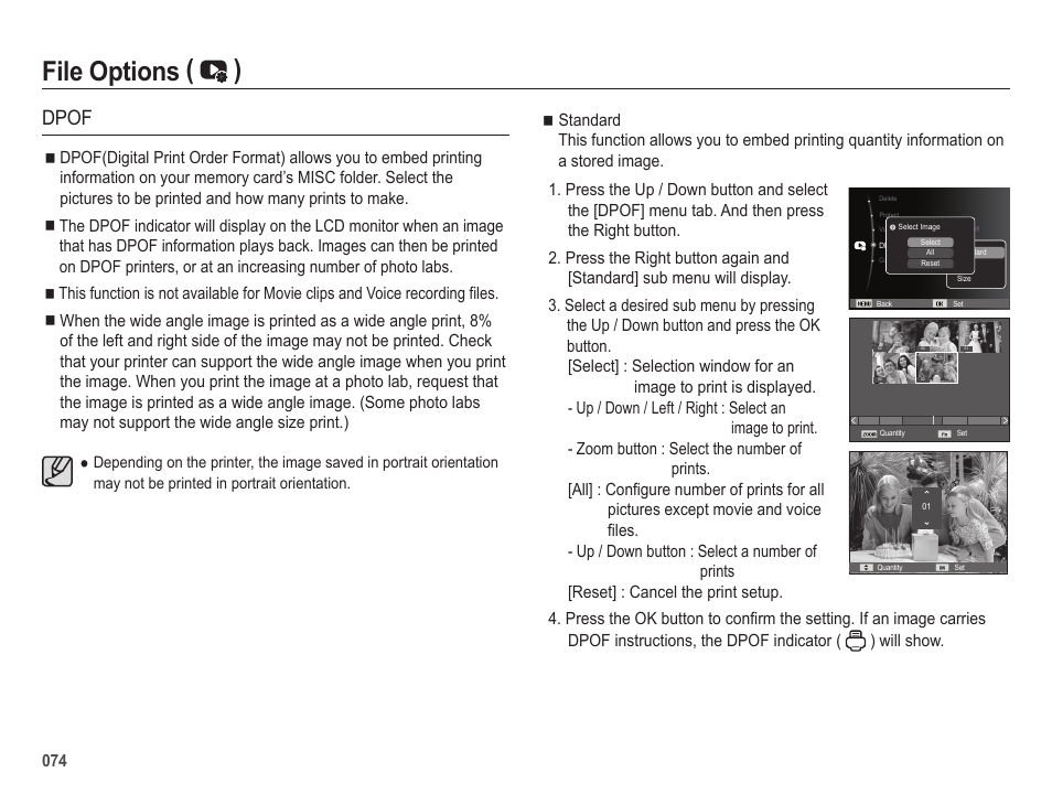 File options ( ), Dpof, 074 ê | Samsung EC-SL202UBP-US User Manual | Page 75 / 103