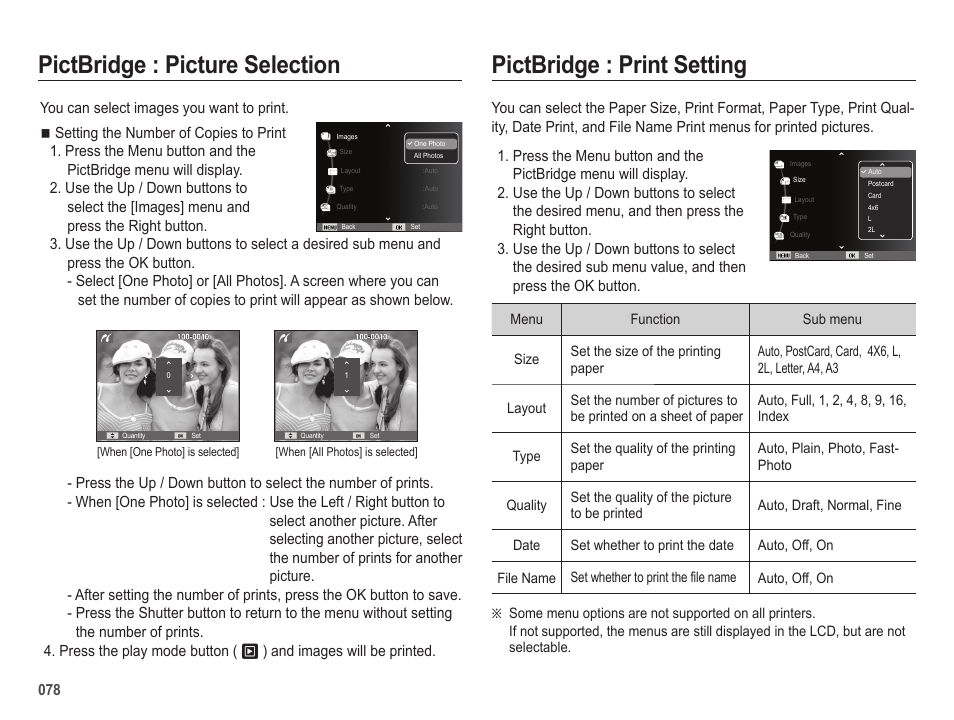 Pictbridge : picture selection, Pictbridge : print setting | Samsung EC-SL202UBP-US User Manual | Page 79 / 103