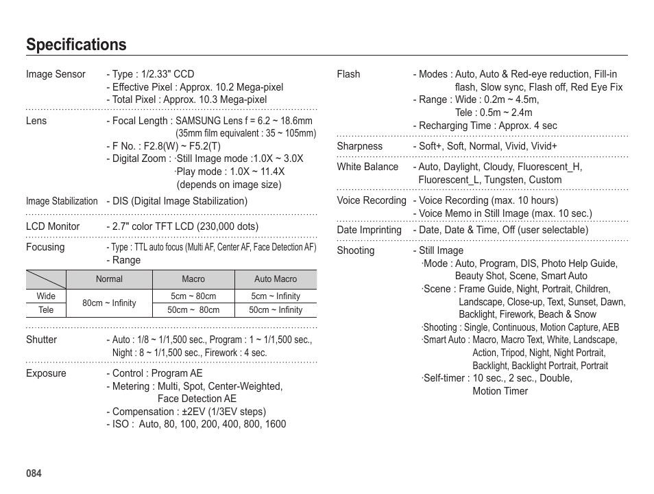 Specifications | Samsung EC-SL202UBP-US User Manual | Page 85 / 103