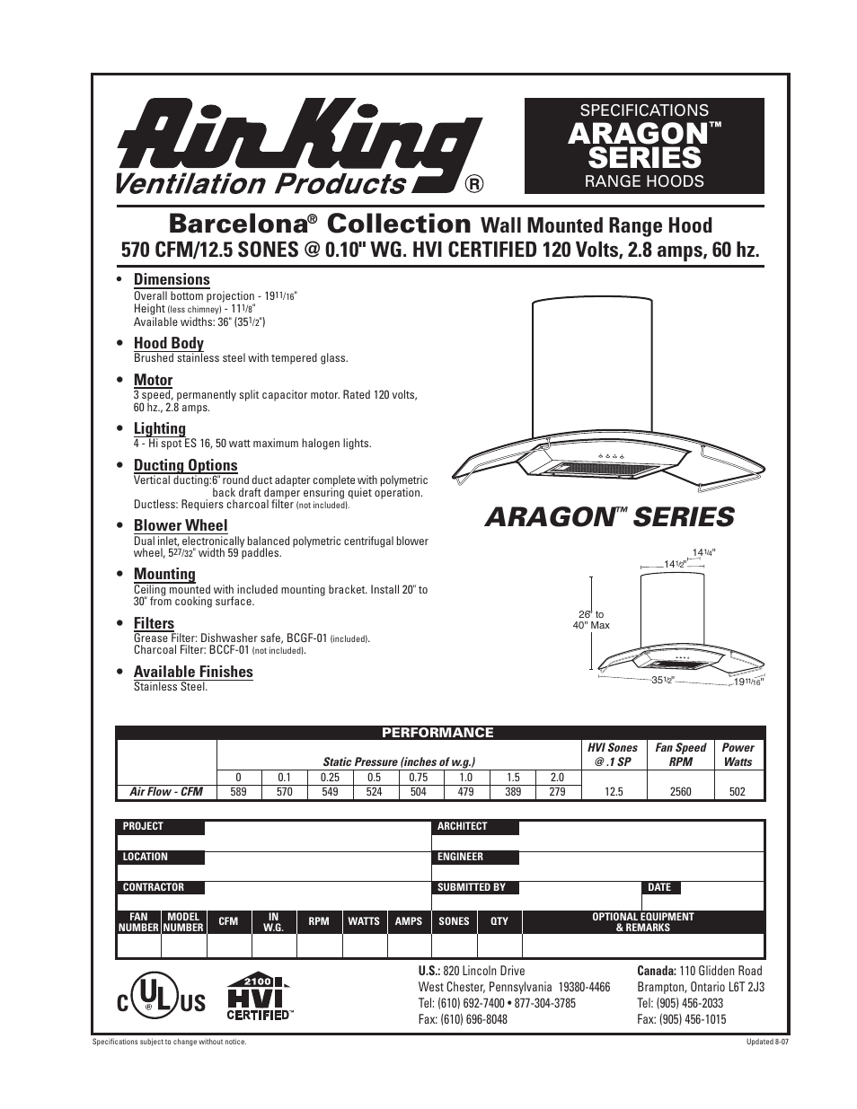 Air King RANGE HOODS ARAGON SERIES User Manual | 1 page
