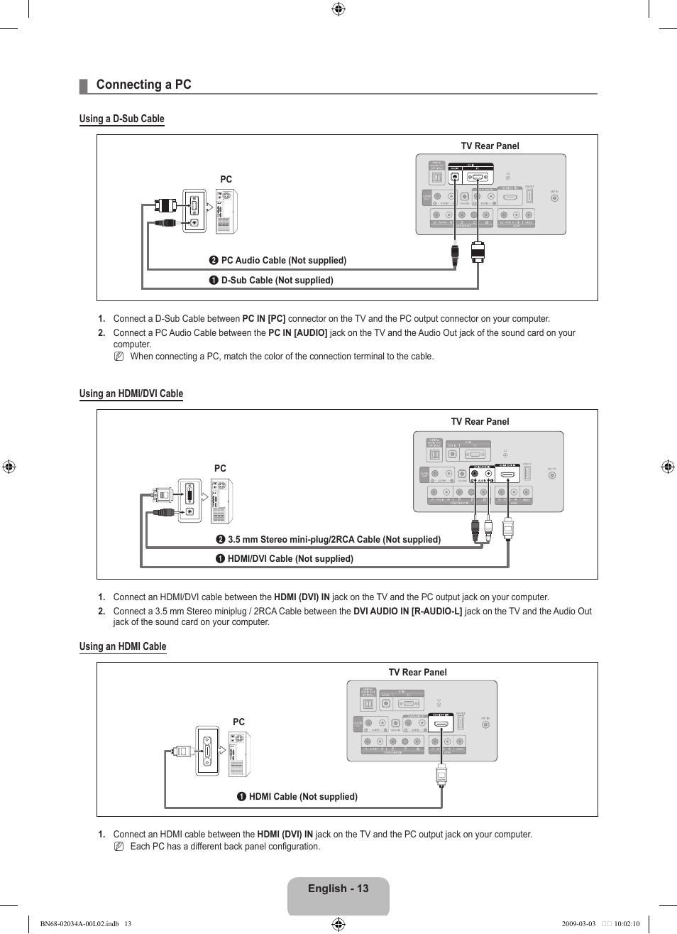 Connecting a pc | Samsung LN22B460B2DXZA User Manual | Page 15 / 89