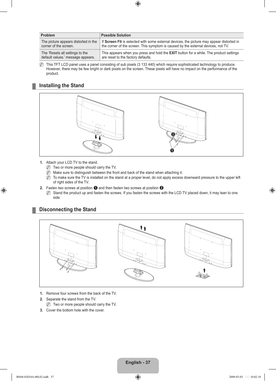 Installing the stand, Disconnecting the stand | Samsung LN22B460B2DXZA User Manual | Page 39 / 89