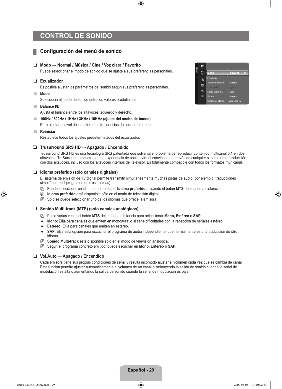 Control de sonido, Configuración del menú de sonido | Samsung LN22B460B2DXZA User Manual | Page 75 / 89