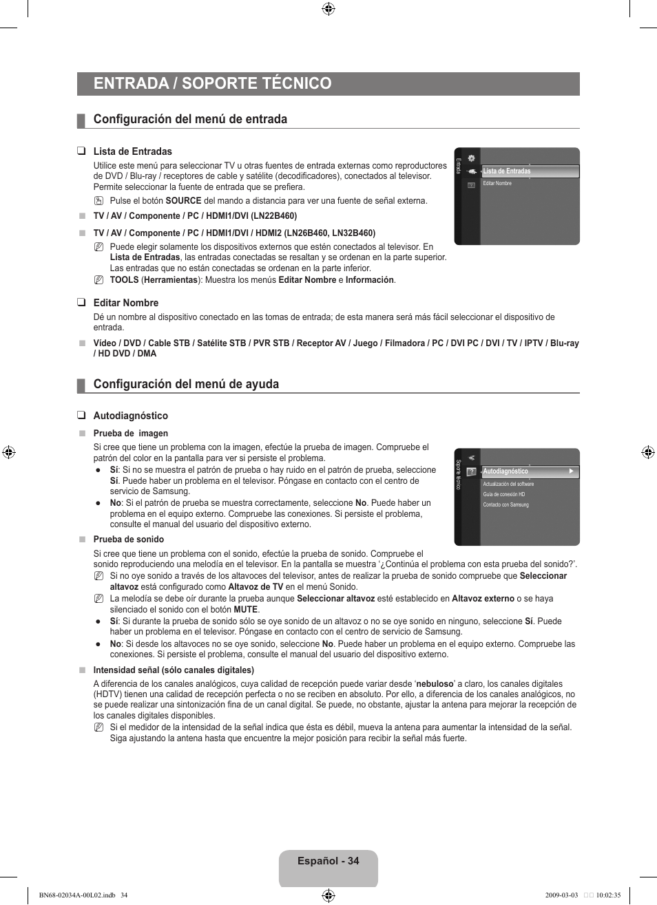 Entrada / soporte técnico, Configuración del menú de entrada, Configuración del menú de ayuda | Samsung LN22B460B2DXZA User Manual | Page 80 / 89