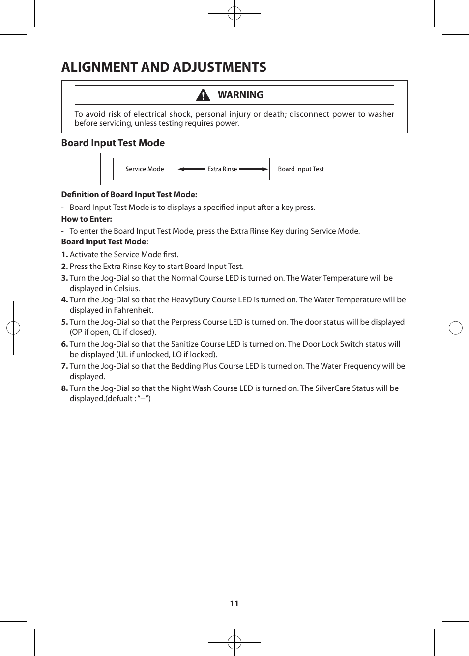 Alignment and adjustments, Board input test mode, Warning | Samsung WF405ATPASU-A2 User Manual | Page 11 / 72