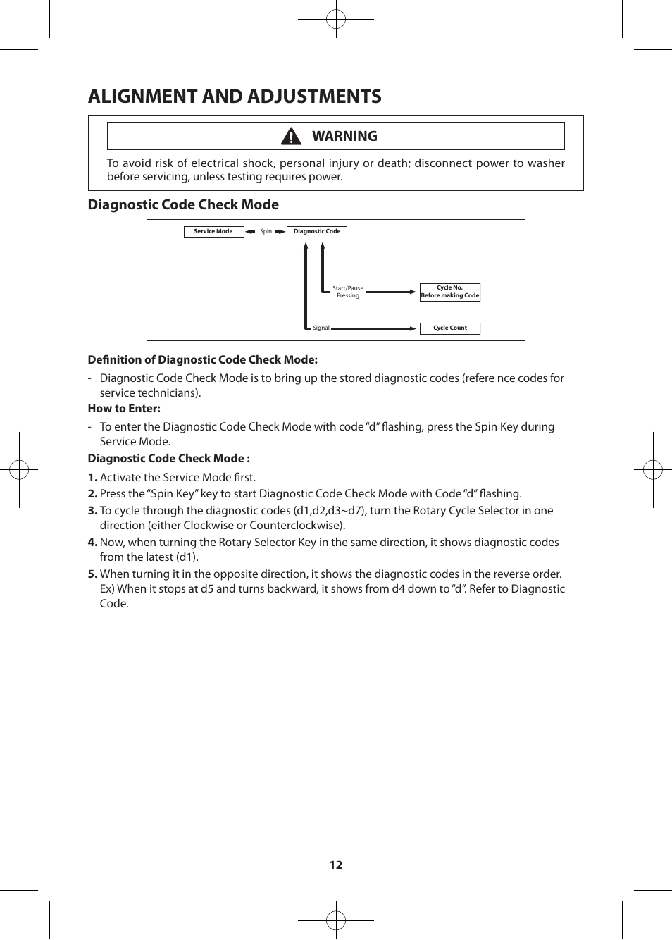 Alignment and adjustments, Diagnostic code check mode, Warning | Samsung WF405ATPASU-A2 User Manual | Page 12 / 72