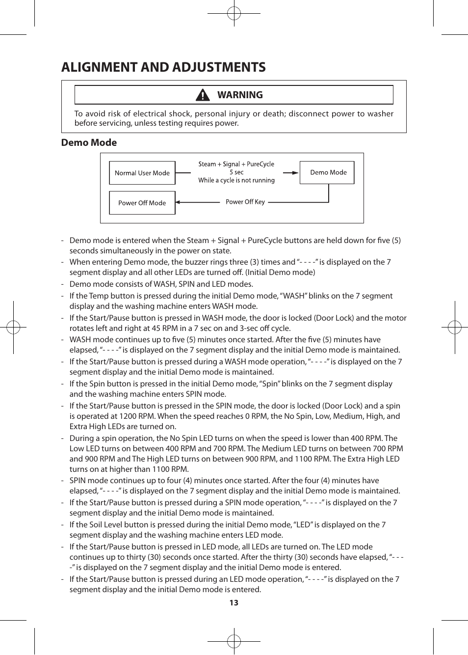 Alignment and adjustments, Demo mode, Warning | Samsung WF405ATPASU-A2 User Manual | Page 13 / 72