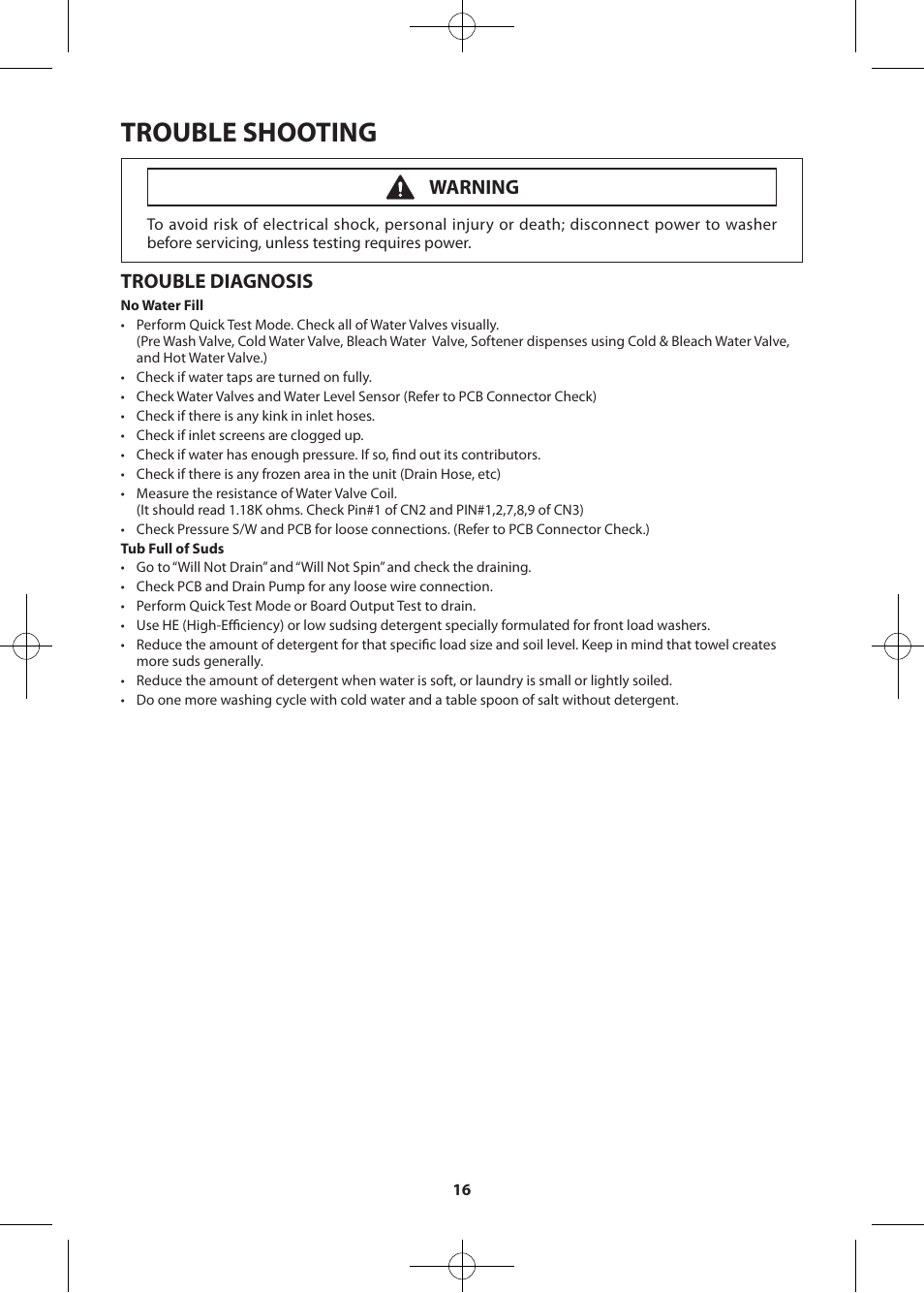 Trouble shooting, Trouble diagnosis, Warning | Samsung WF405ATPASU-A2 User Manual | Page 16 / 72