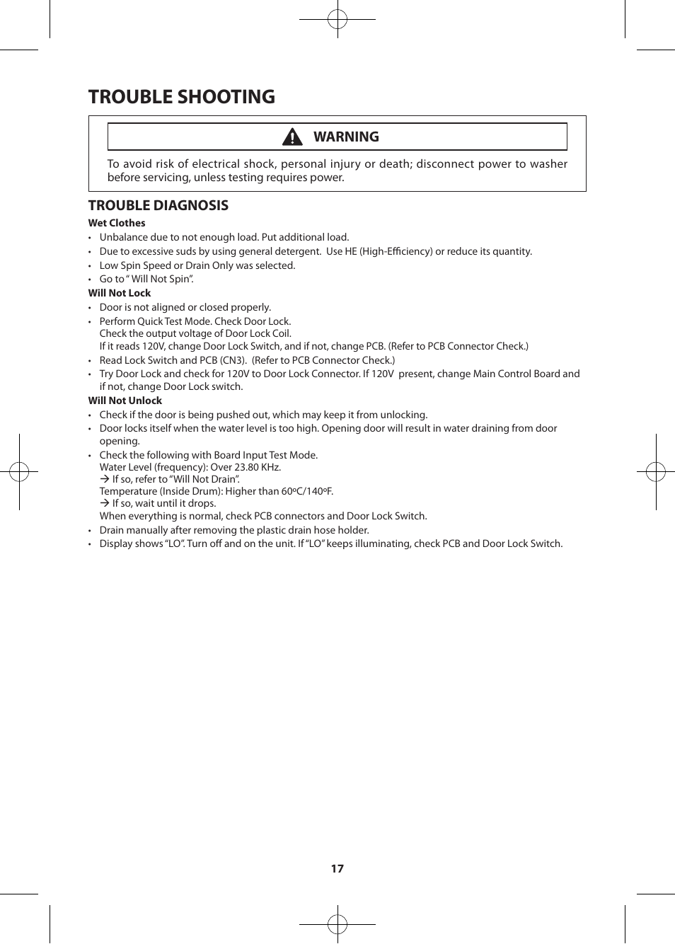 Trouble shooting, Trouble diagnosis, Warning | Samsung WF405ATPASU-A2 User Manual | Page 17 / 72