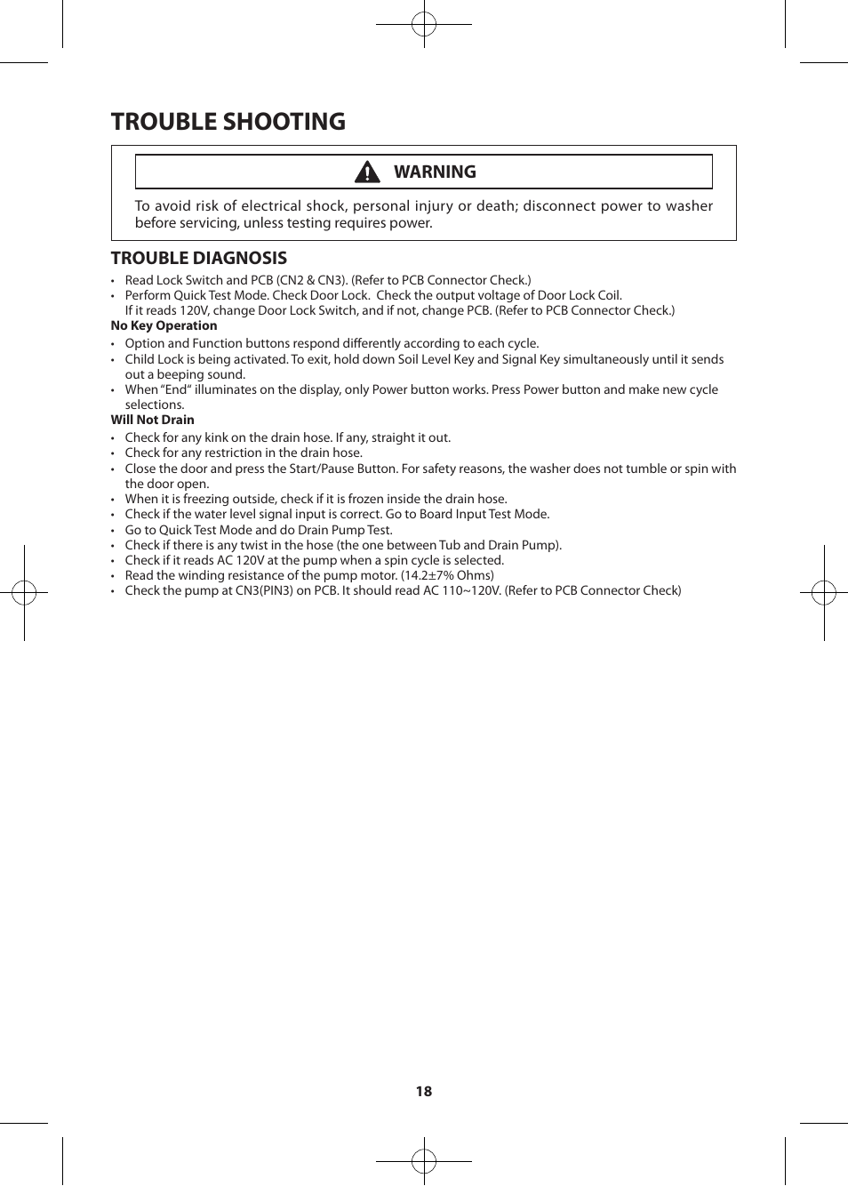 Trouble shooting, Trouble diagnosis, Warning | Samsung WF405ATPASU-A2 User Manual | Page 18 / 72