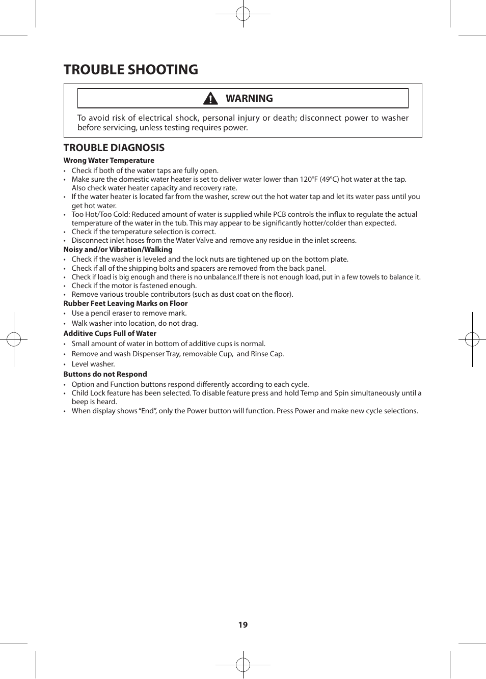 Trouble shooting, Trouble diagnosis, Warning | Samsung WF405ATPASU-A2 User Manual | Page 19 / 72