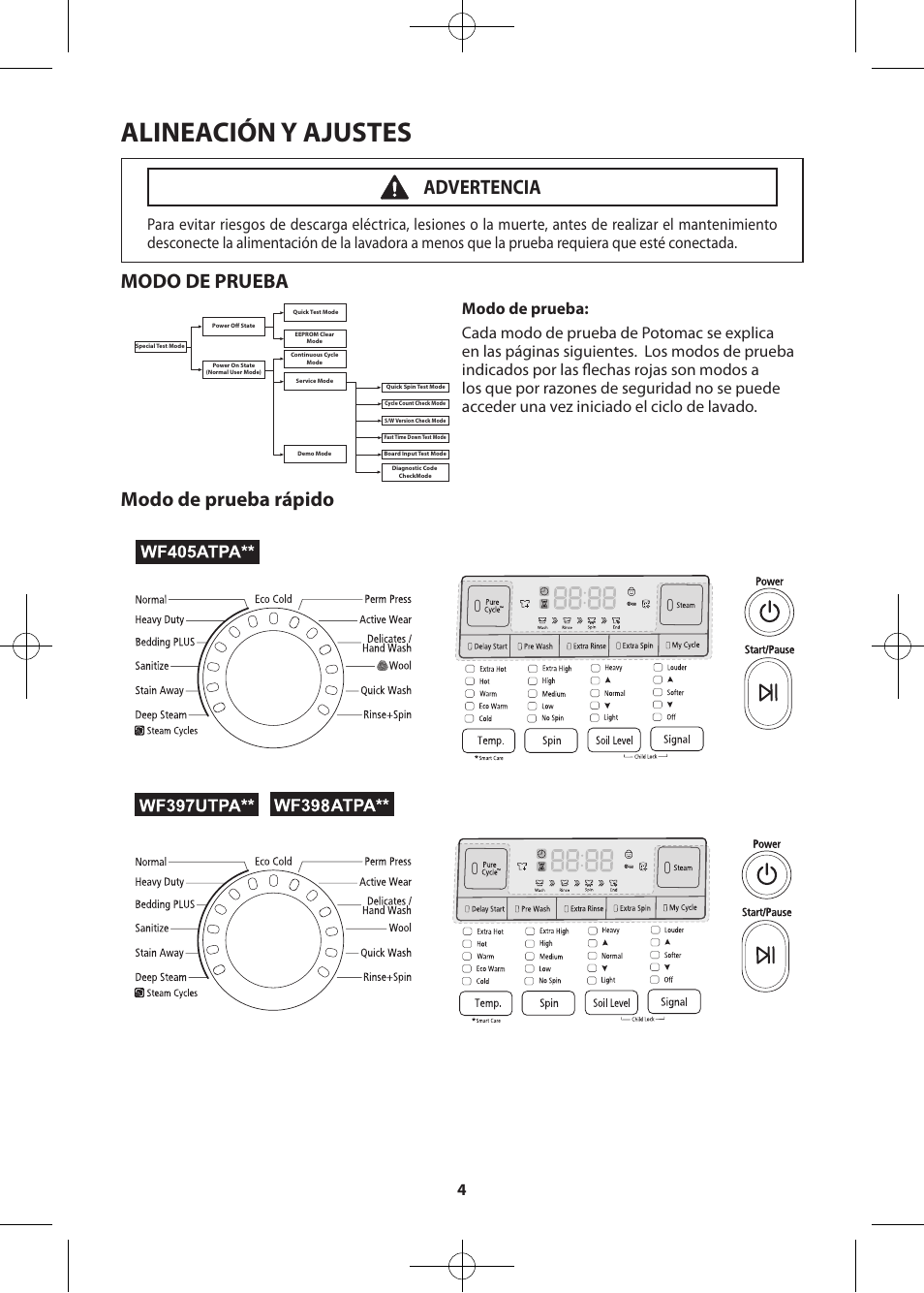 Alineación y ajustes, Modo de prueba, Modo de prueba rápido | Advertencia | Samsung WF405ATPASU-A2 User Manual | Page 28 / 72