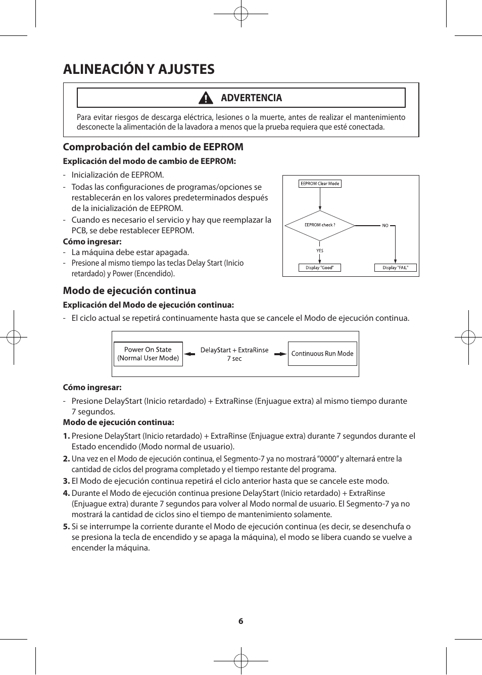 Alineación y ajustes, Comprobación del cambio de eeprom, Modo de ejecución continua | Advertencia | Samsung WF405ATPASU-A2 User Manual | Page 30 / 72