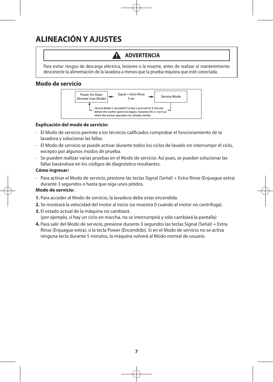 Alineación y ajustes, Modo de servicio, Advertencia | Samsung WF405ATPASU-A2 User Manual | Page 31 / 72