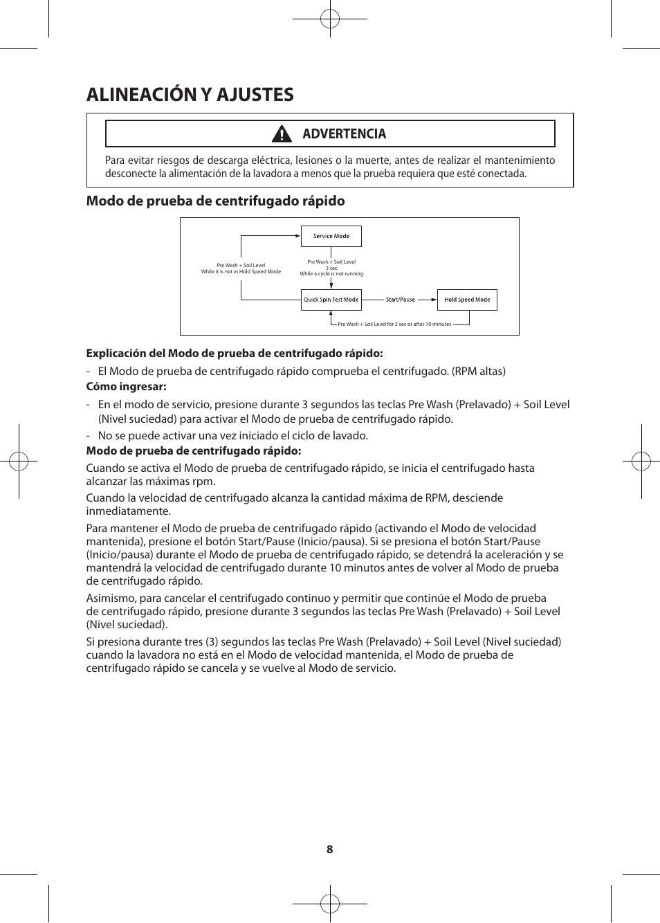 Alineación y ajustes, Modo de prueba de centrifugado rápido, Advertencia | Samsung WF405ATPASU-A2 User Manual | Page 32 / 72