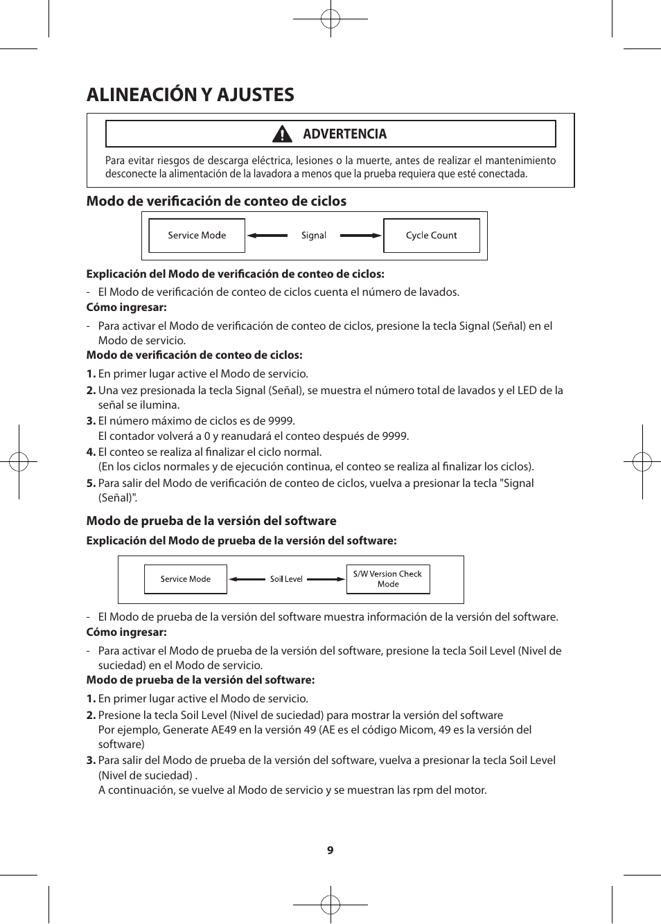 Alineación y ajustes, Modo de verificación de conteo de ciclos, Advertencia | Samsung WF405ATPASU-A2 User Manual | Page 33 / 72