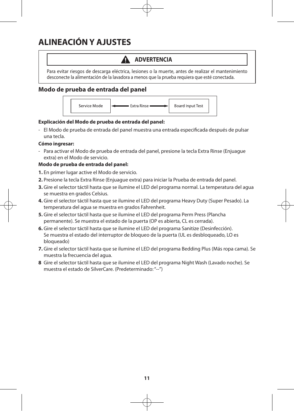 Alineación y ajustes, Modo de prueba de entrada del panel, Advertencia | Samsung WF405ATPASU-A2 User Manual | Page 35 / 72