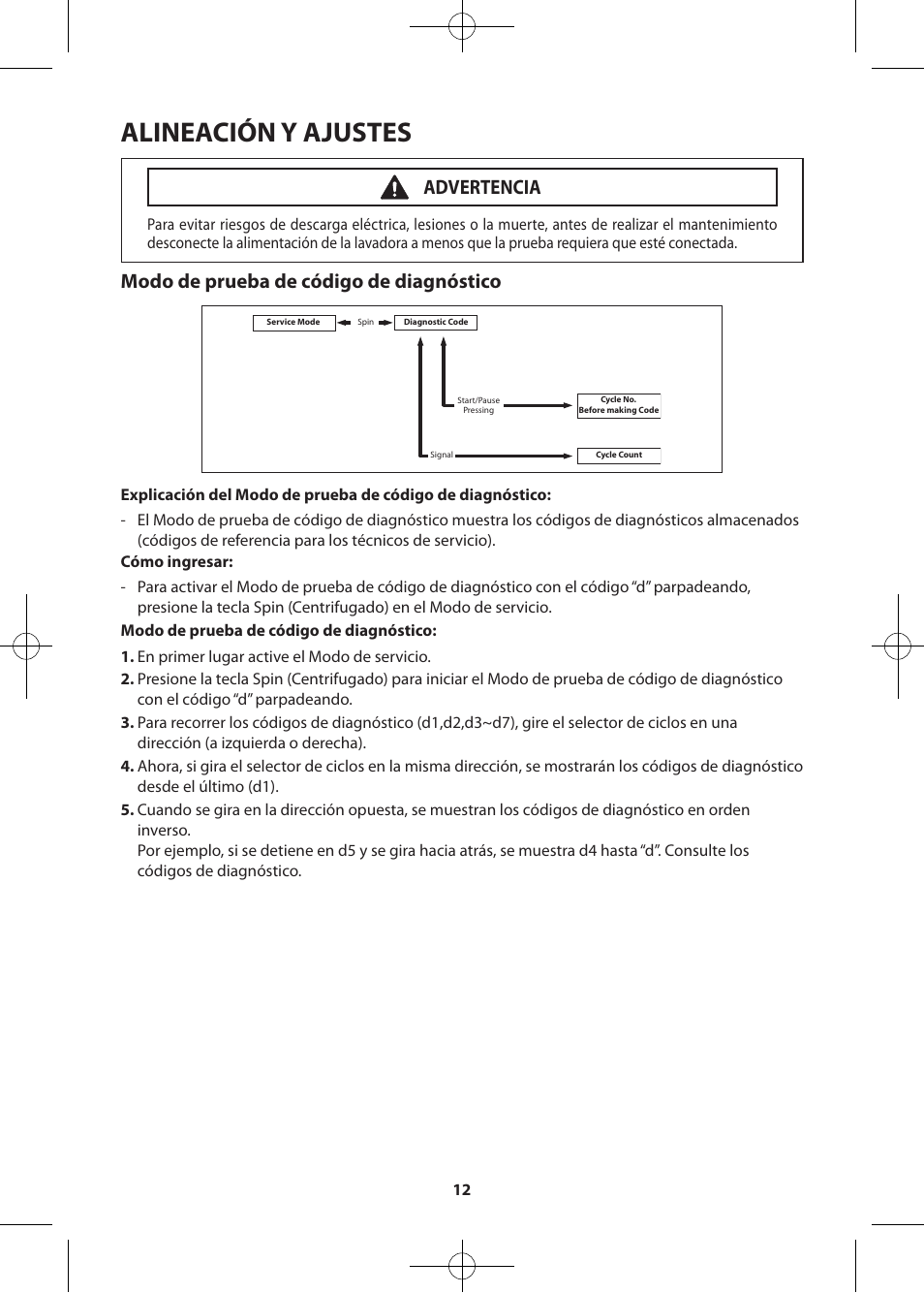 Alineación y ajustes, Modo de prueba de código de diagnóstico, Advertencia | Samsung WF405ATPASU-A2 User Manual | Page 36 / 72
