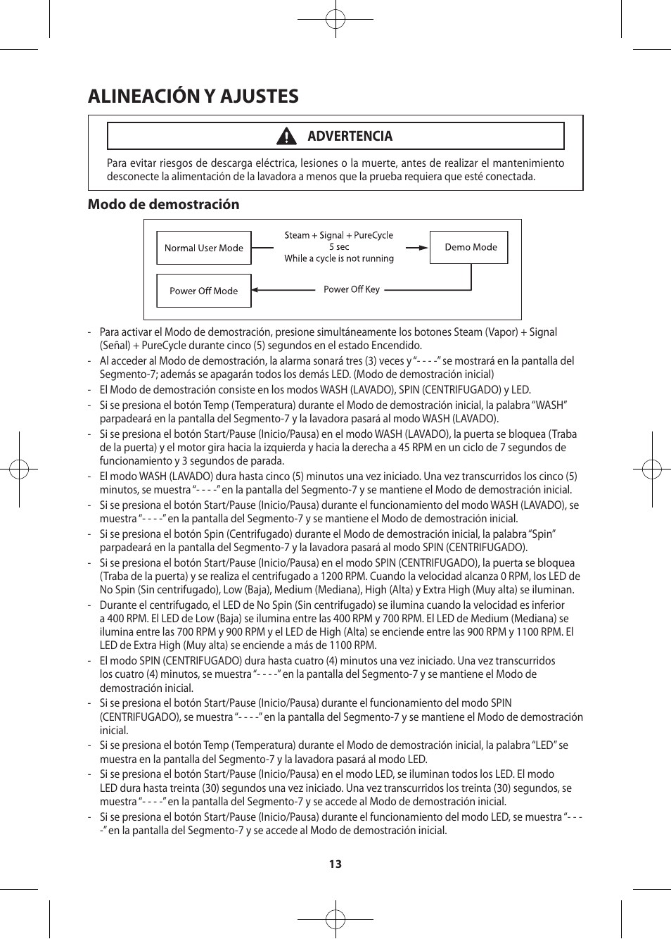 Alineación y ajustes, Modo de demostración, Advertencia | Samsung WF405ATPASU-A2 User Manual | Page 37 / 72