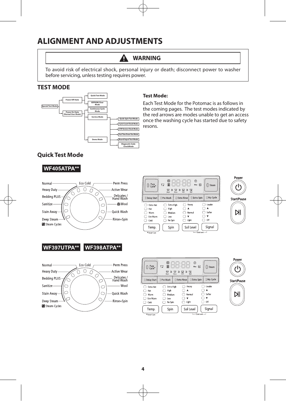 Alignment and adjustments, Test mode, Quick test mode | Warning | Samsung WF405ATPASU-A2 User Manual | Page 4 / 72