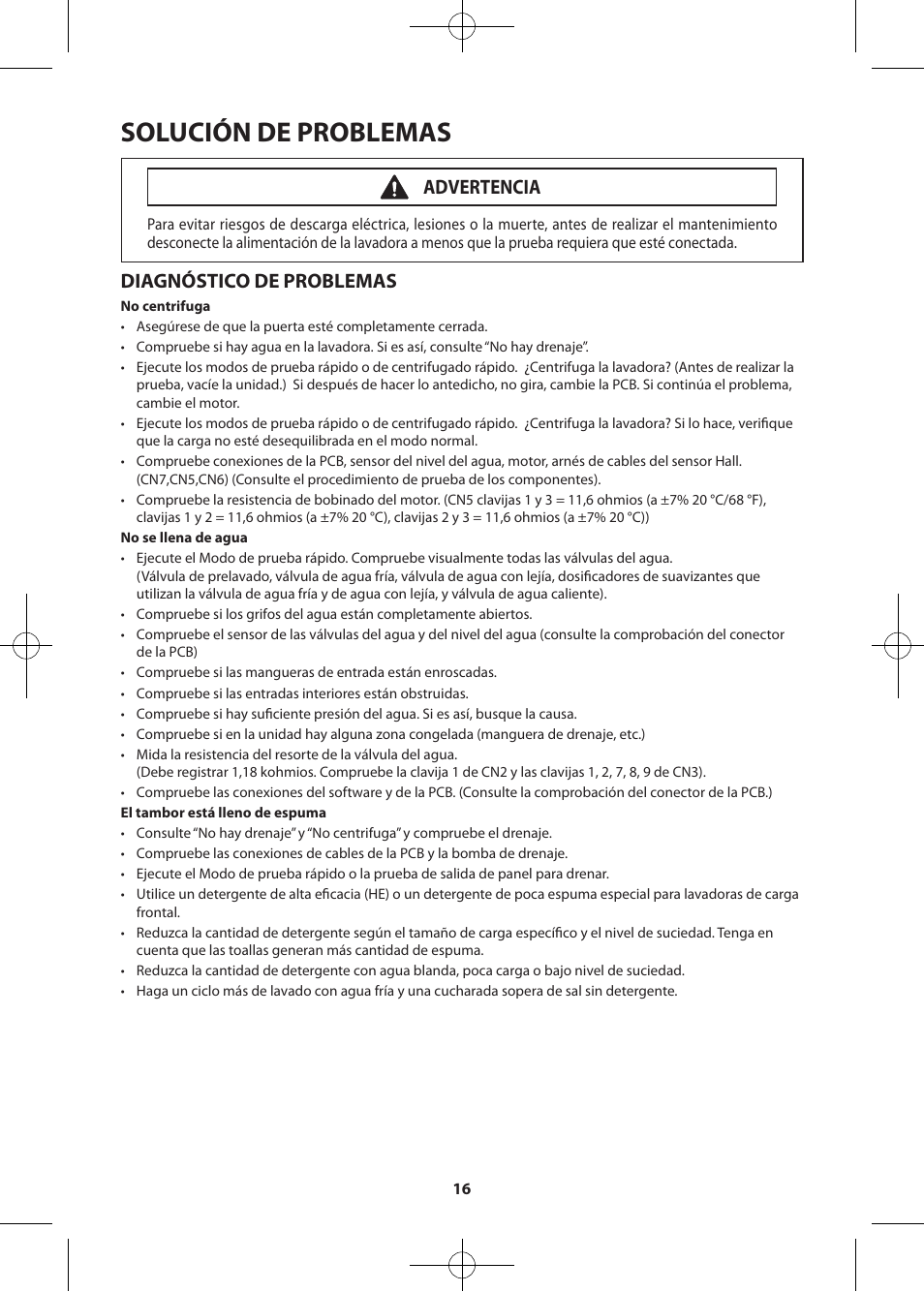 Solución de problemas, Diagnóstico de problemas, Advertencia | Samsung WF405ATPASU-A2 User Manual | Page 40 / 72