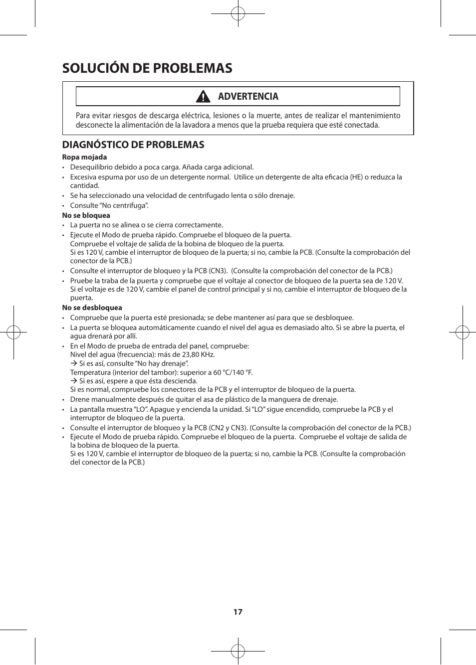 Solución de problemas, Diagnóstico de problemas, Advertencia | Samsung WF405ATPASU-A2 User Manual | Page 41 / 72