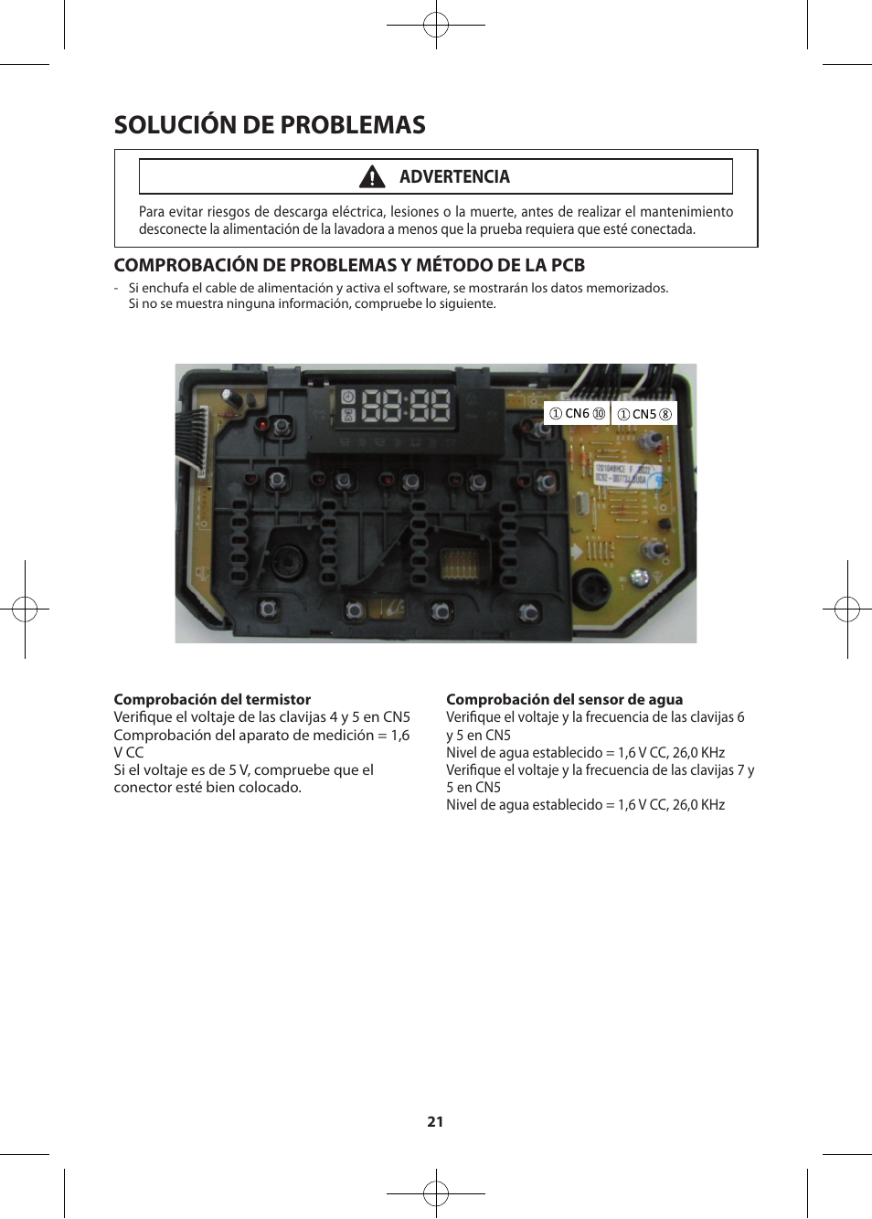 Solución de problemas, Comprobación de problemas y método de la pcb, Advertencia | Samsung WF405ATPASU-A2 User Manual | Page 45 / 72