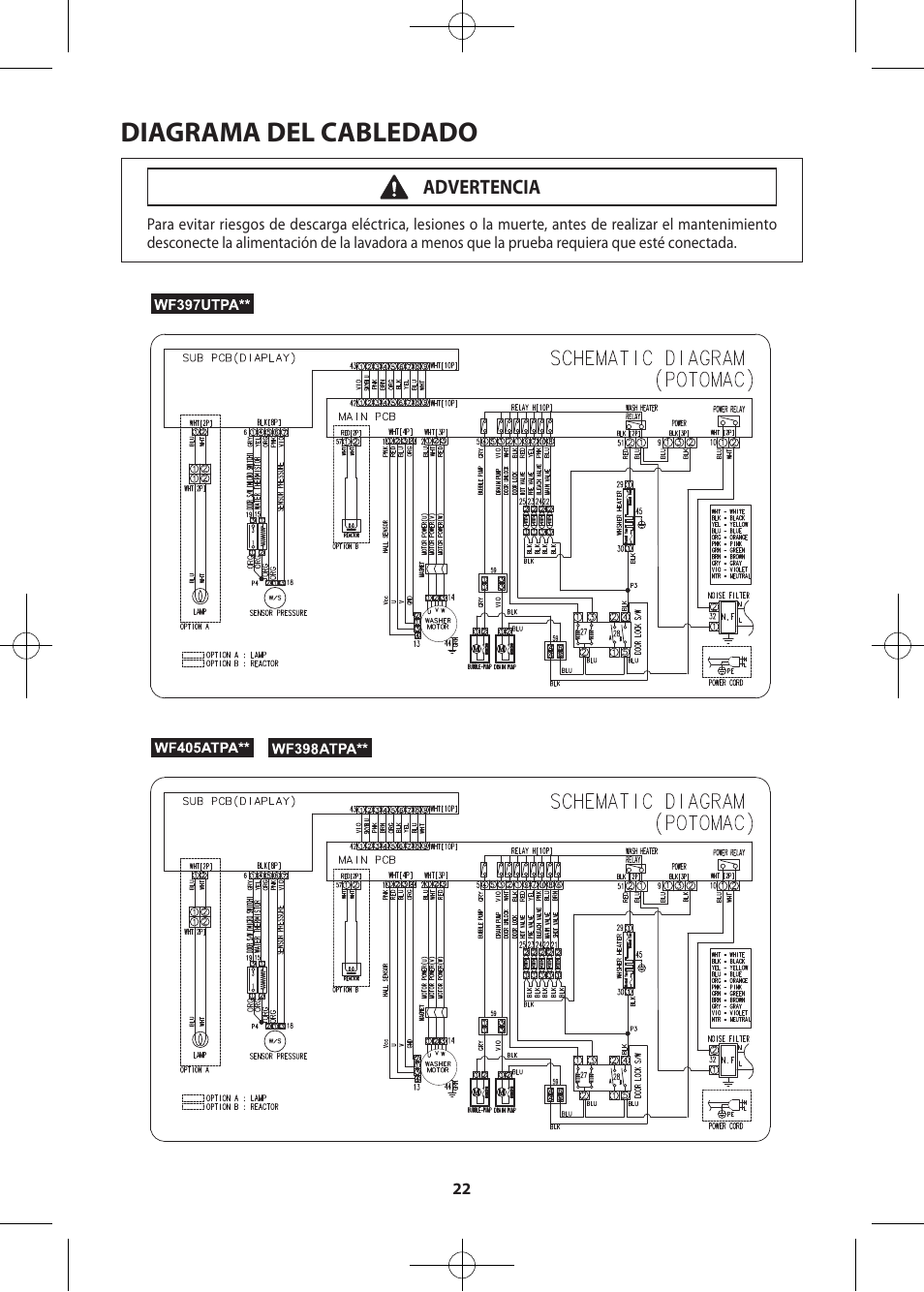 Diagrama del cabledado, Advertencia | Samsung WF405ATPASU-A2 User Manual | Page 46 / 72