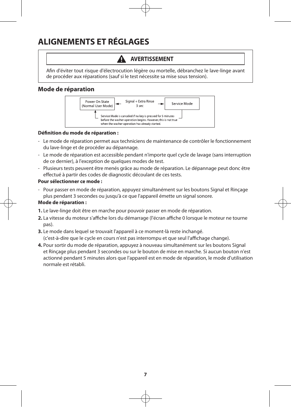 Alignements et réglages, Mode de réparation, Avertissement | Samsung WF405ATPASU-A2 User Manual | Page 55 / 72