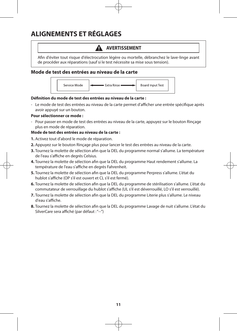 Alignements et réglages, Mode de test des entrées au niveau de la carte, Avertissement | Samsung WF405ATPASU-A2 User Manual | Page 59 / 72