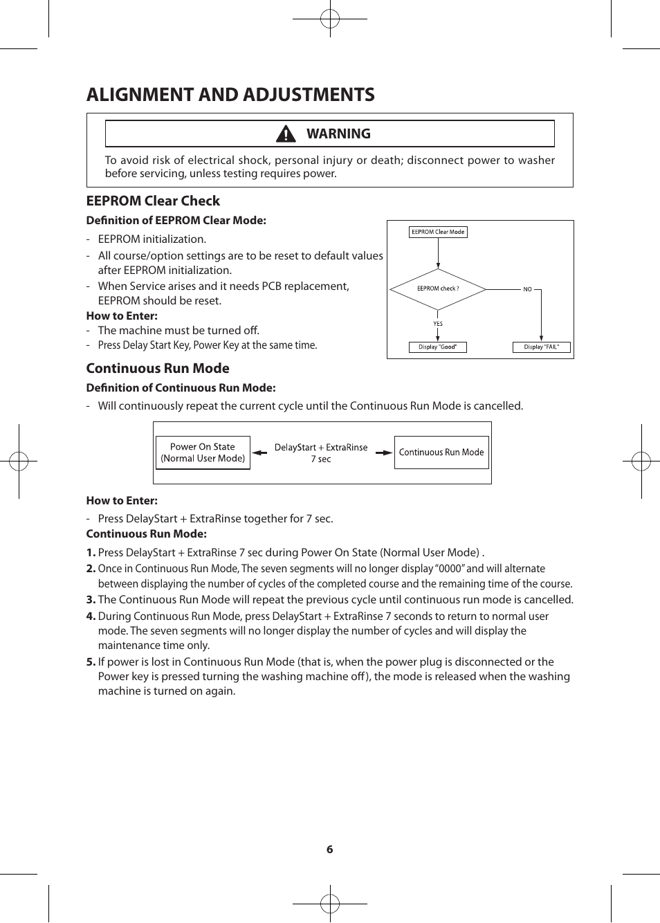 Alignment and adjustments, Eeprom clear check, Continuous run mode | Warning | Samsung WF405ATPASU-A2 User Manual | Page 6 / 72