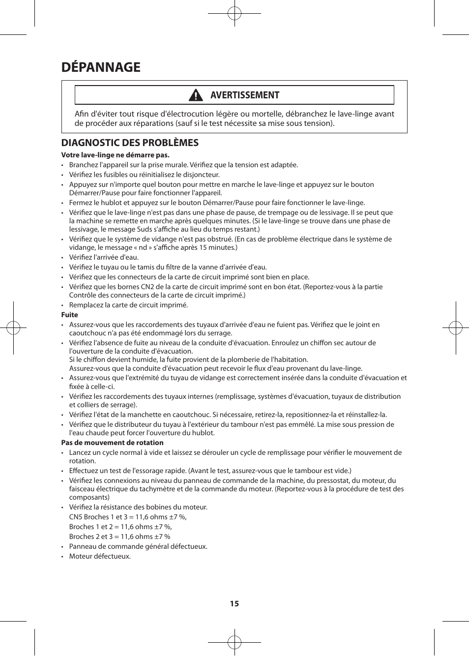 Dépannage, Diagnostic des problèmes, Avertissement | Samsung WF405ATPASU-A2 User Manual | Page 63 / 72