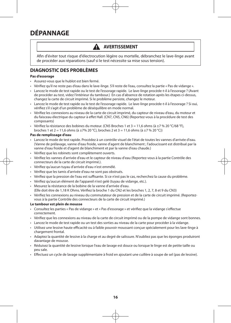 Dépannage, Diagnostic des problèmes, Avertissement | Samsung WF405ATPASU-A2 User Manual | Page 64 / 72