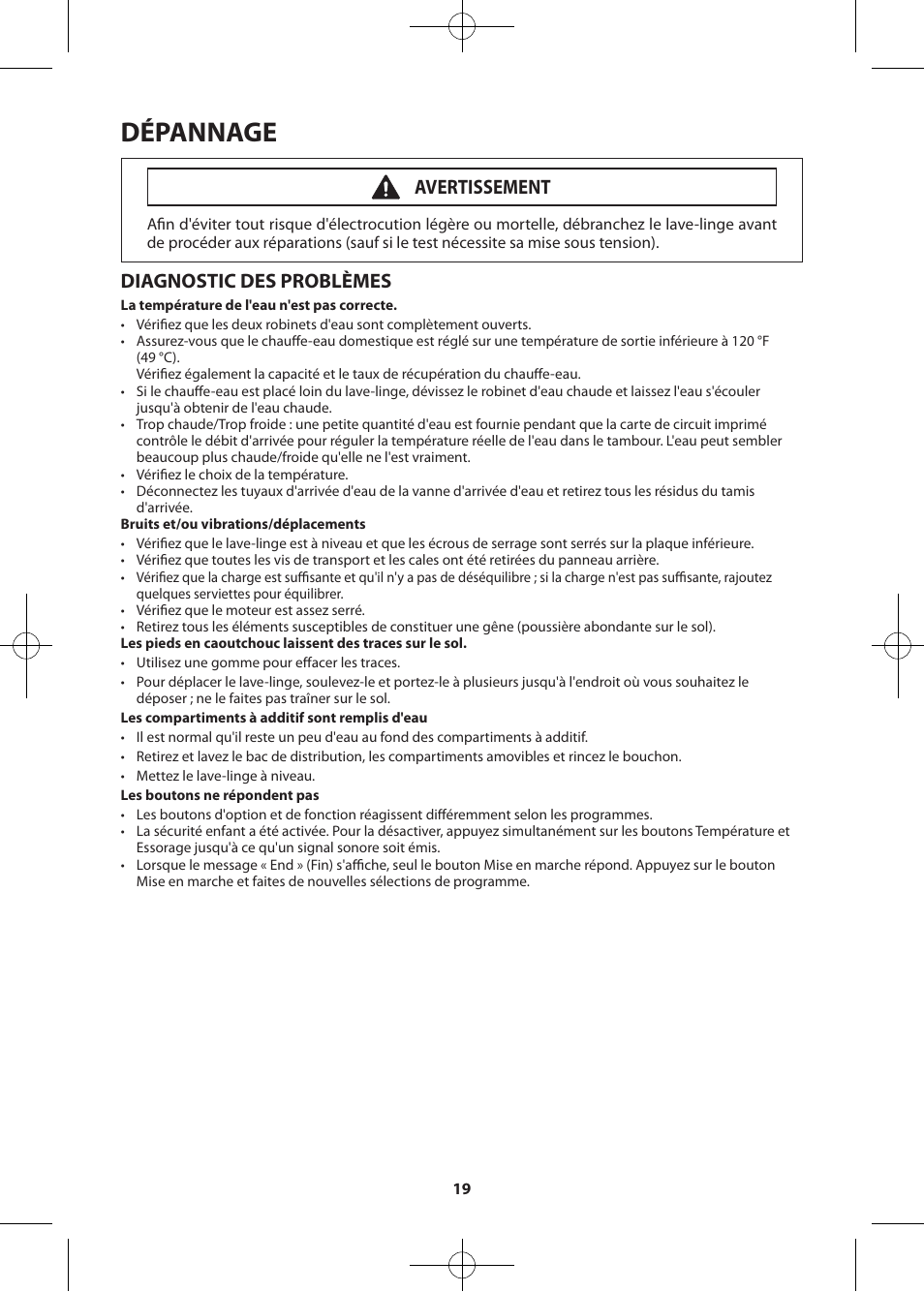 Dépannage, Diagnostic des problèmes, Avertissement | Samsung WF405ATPASU-A2 User Manual | Page 67 / 72