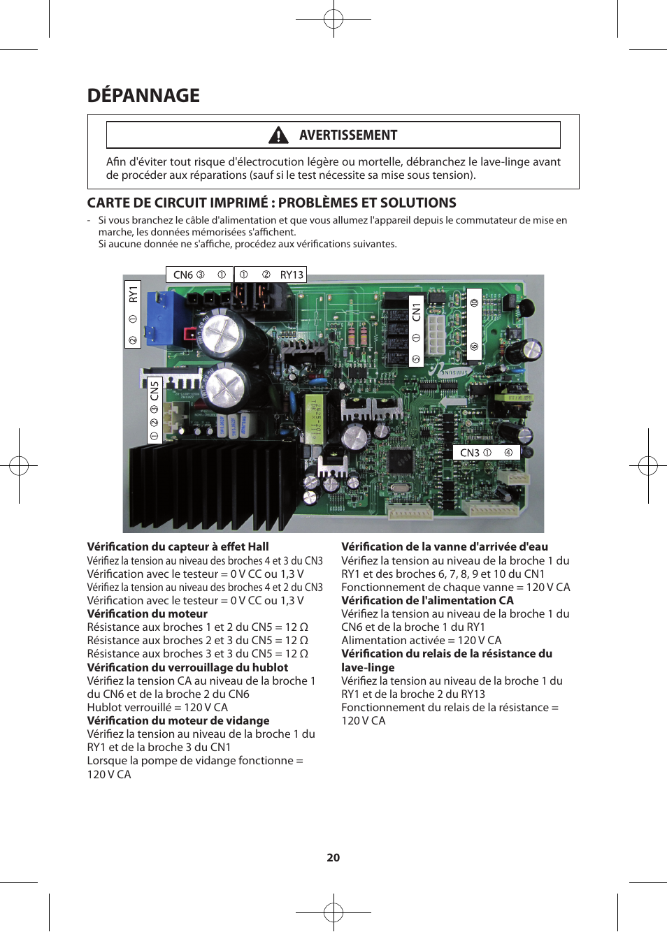 Dépannage, Carte de circuit imprimé : problèmes et solutions, Avertissement | Samsung WF405ATPASU-A2 User Manual | Page 68 / 72