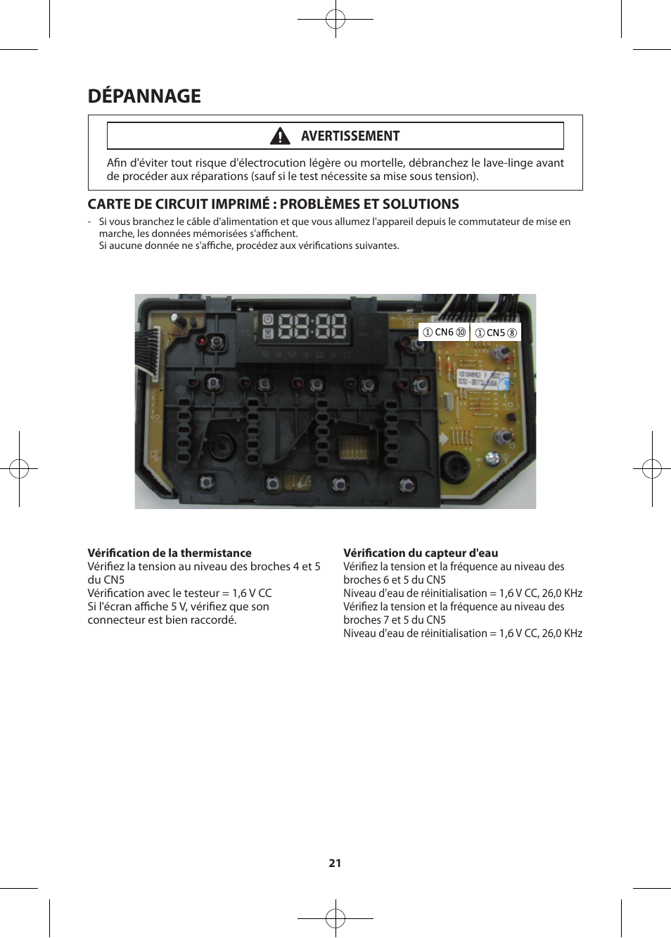 Dépannage, Carte de circuit imprimé : problèmes et solutions, Avertissement | Samsung WF405ATPASU-A2 User Manual | Page 69 / 72