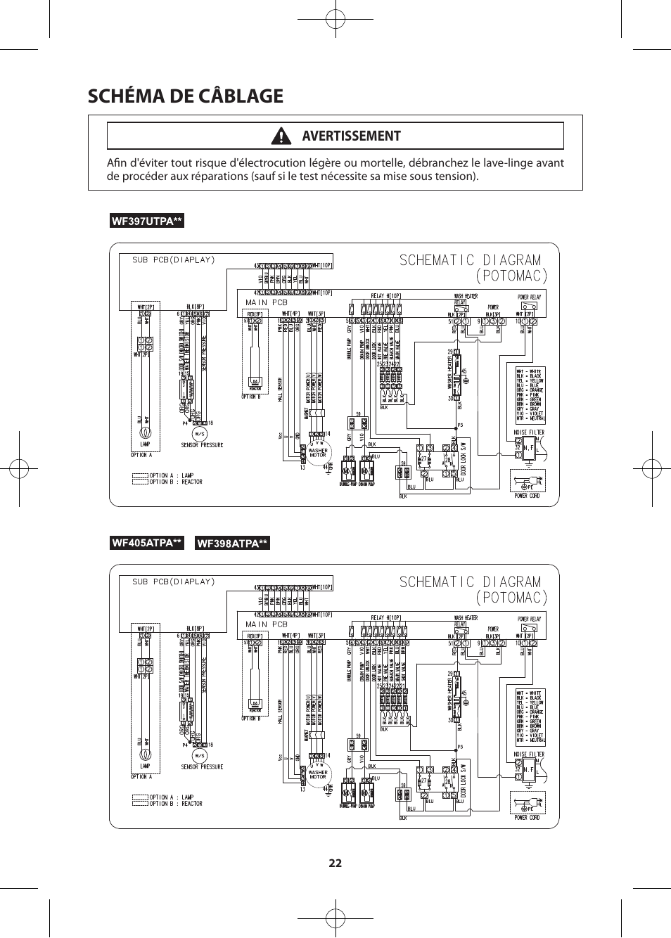Schéma de câblage, Avertissement | Samsung WF405ATPASU-A2 User Manual | Page 70 / 72