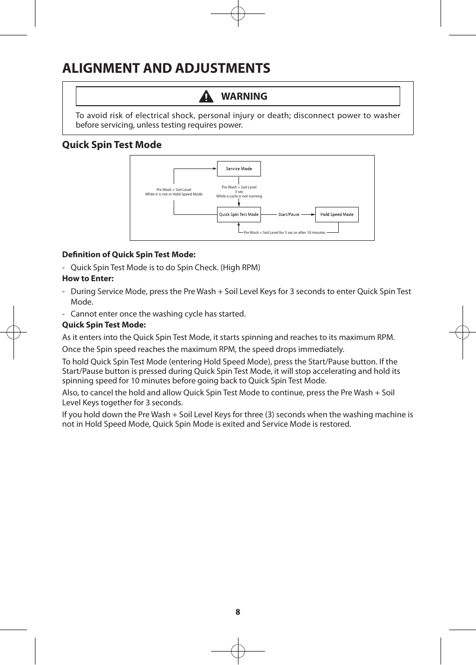 Alignment and adjustments, Quick spin test mode, Warning | Samsung WF405ATPASU-A2 User Manual | Page 8 / 72