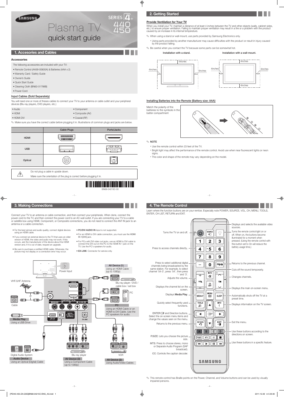 Samsung PN51E450A1FXZA User Manual | 2 pages