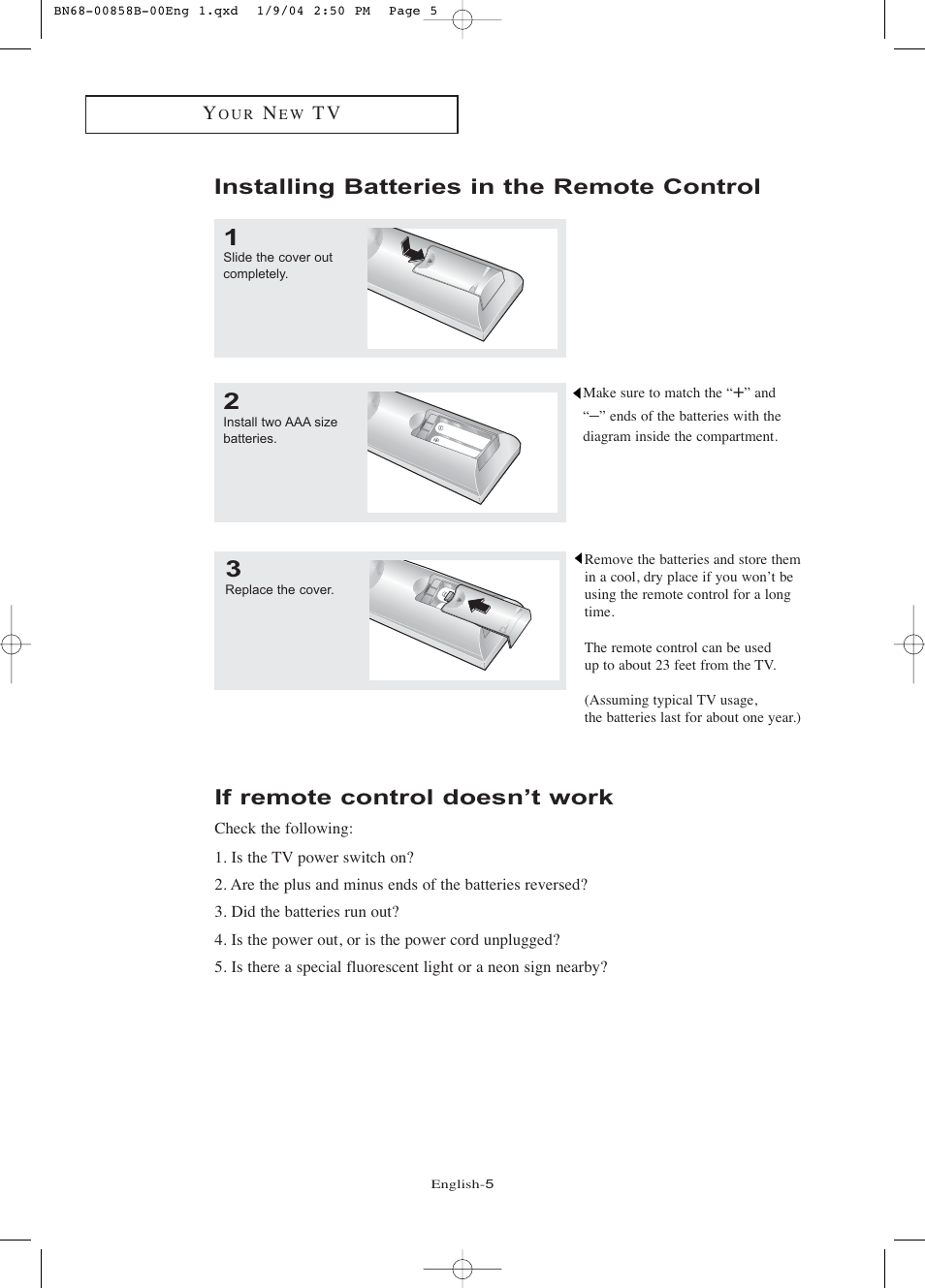 Installing batteries in the remote control, If remote control doesn’t work | Samsung LTP2045UX-XAA User Manual | Page 10 / 66