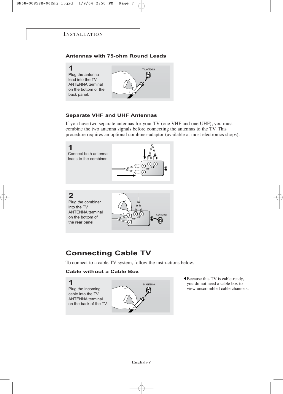 Antennas with 75-ohm round leads, Separate vhf and uhf antennas, Connecting cable tv | Cable without a cable box | Samsung LTP2045UX-XAA User Manual | Page 12 / 66
